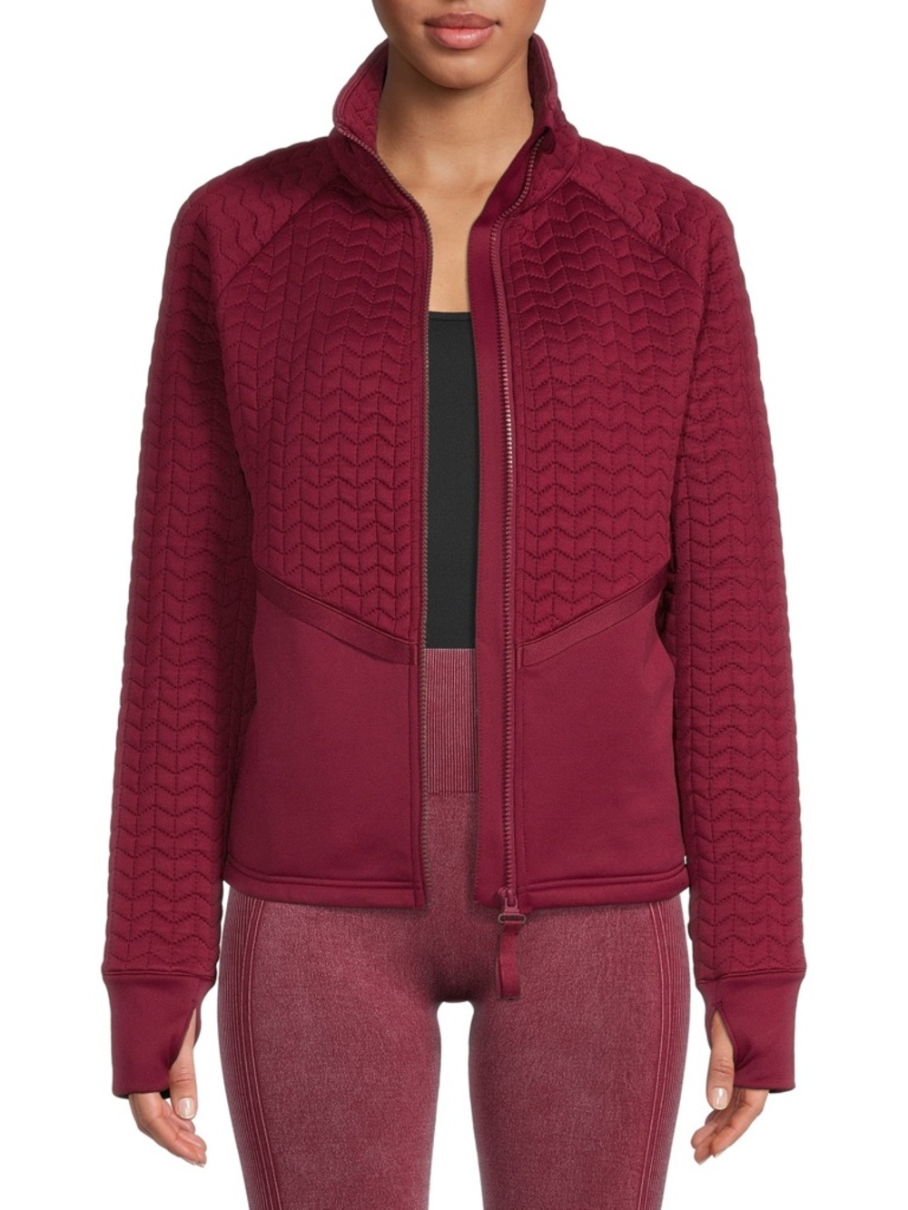 Women’s Long Sleeve Quilted Zip-Up Jacket in Wine With Thumbholes
